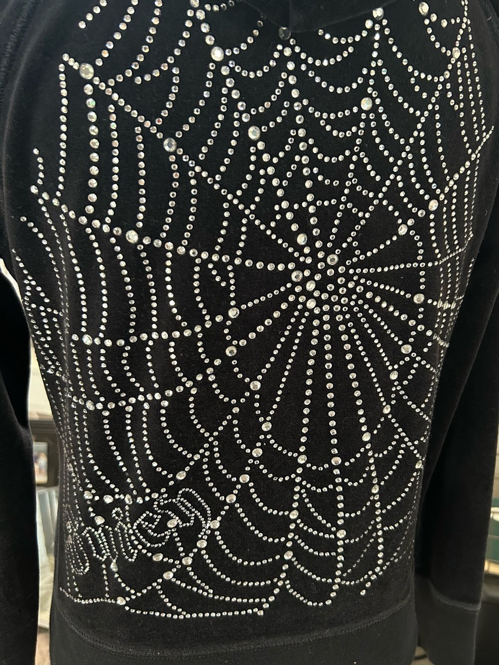 Rare Y2K Vintage Juicy Couture Black Velour Track Jacket Spiderweb Bling Size L